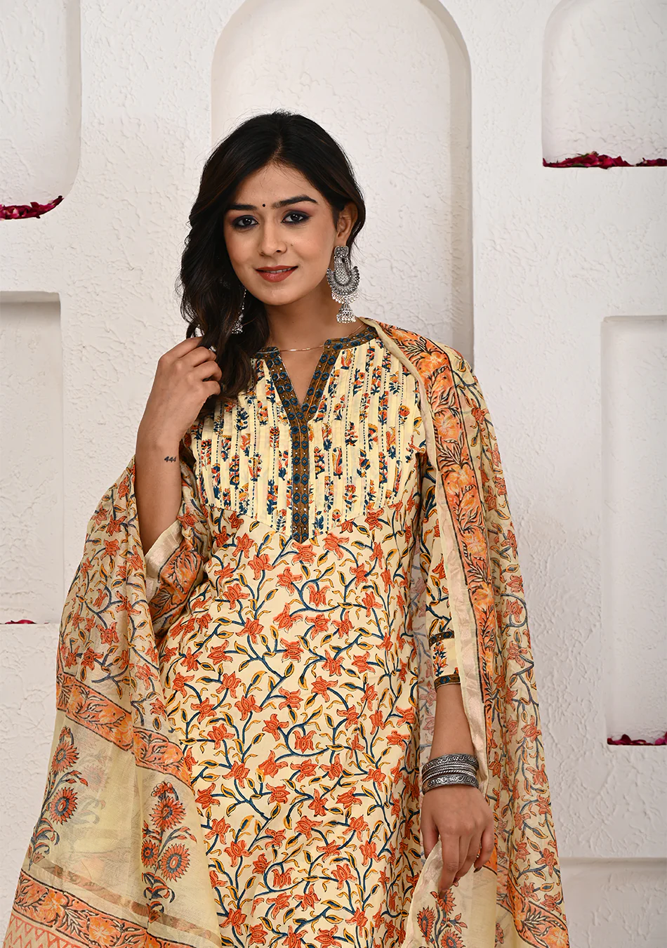 Sunlit Blossom Hand Block Print Suit Set with Chanderi Dupatta - Image 3
