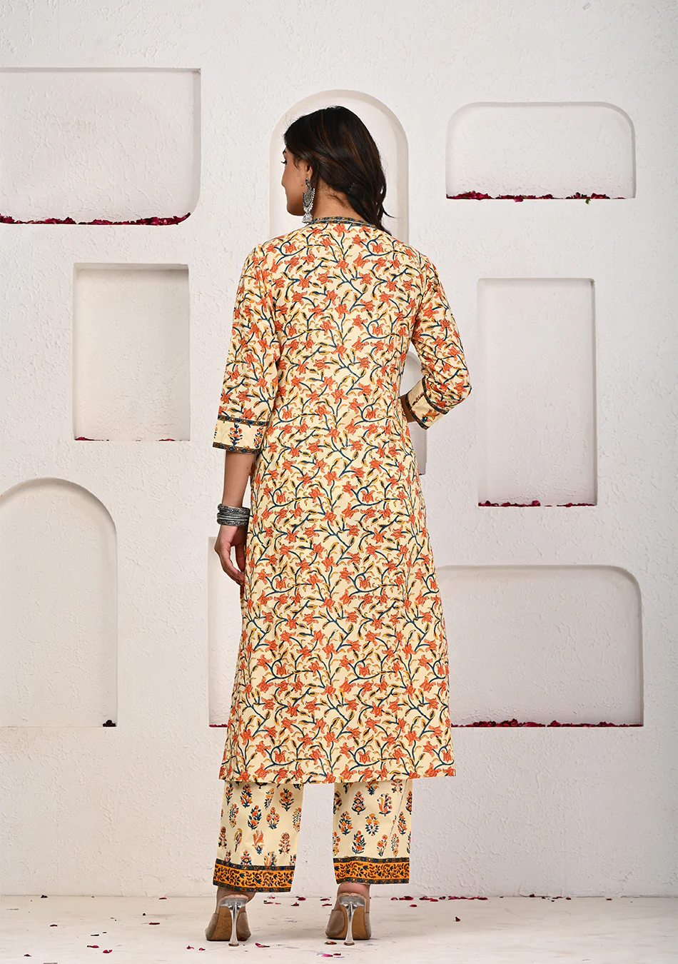 Sunlit Blossom Hand Block Print Suit Set with Chanderi Dupatta - Image 4