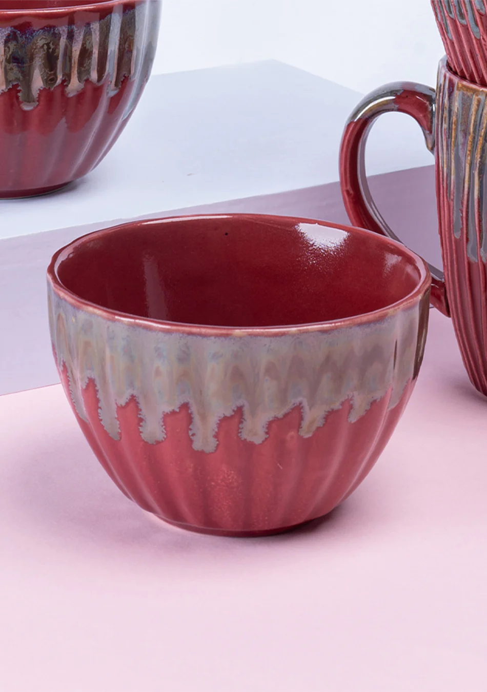 Tea for Two: Red Ceramic Bowls & Mugs Set - Handcrafted - Image 2