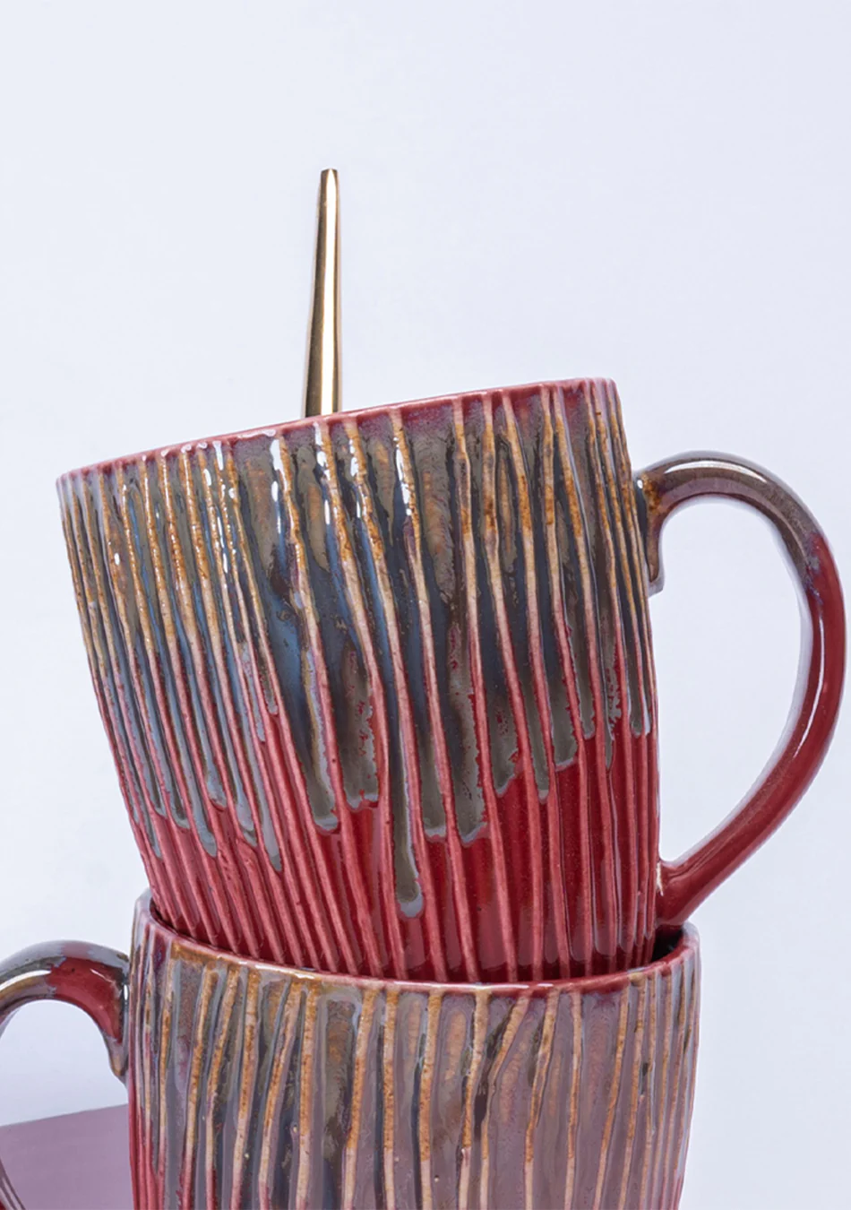 Tea for Two: Red Ceramic Bowls & Mugs Set - Handcrafted - Image 3