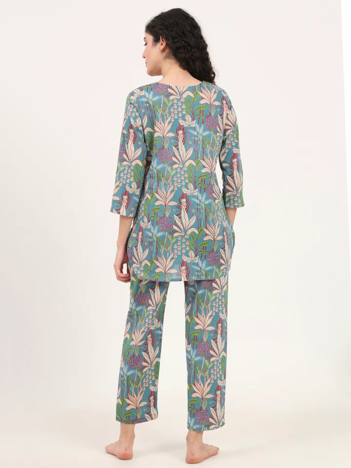 Teal Blue Round Neck Cotton Night Suits - Image 2