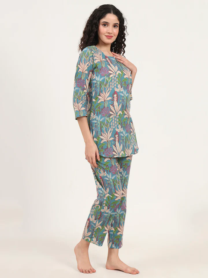 Teal Blue Round Neck Cotton Night Suits - Image 3