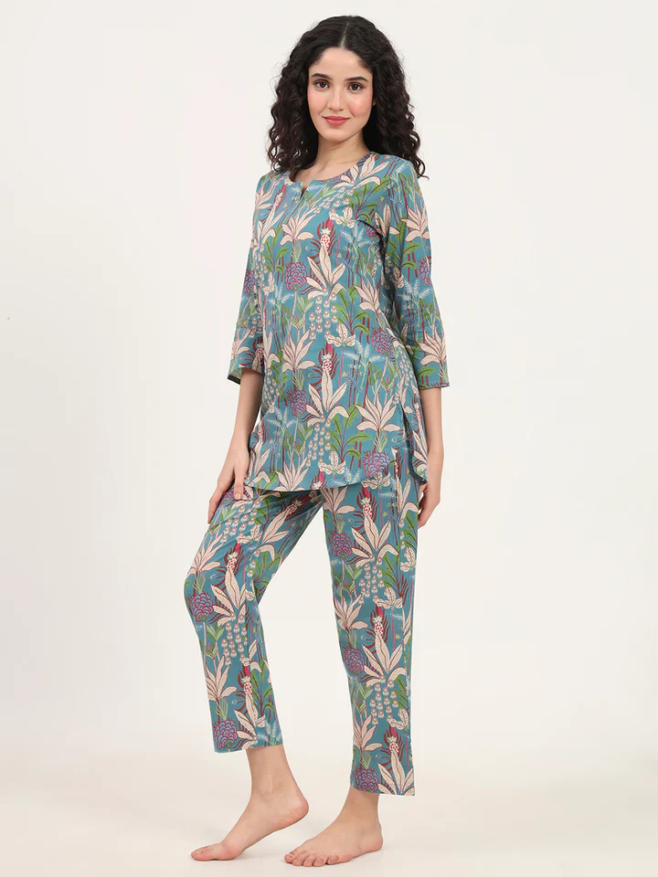 Teal Blue Round Neck Cotton Night Suits - Image 4