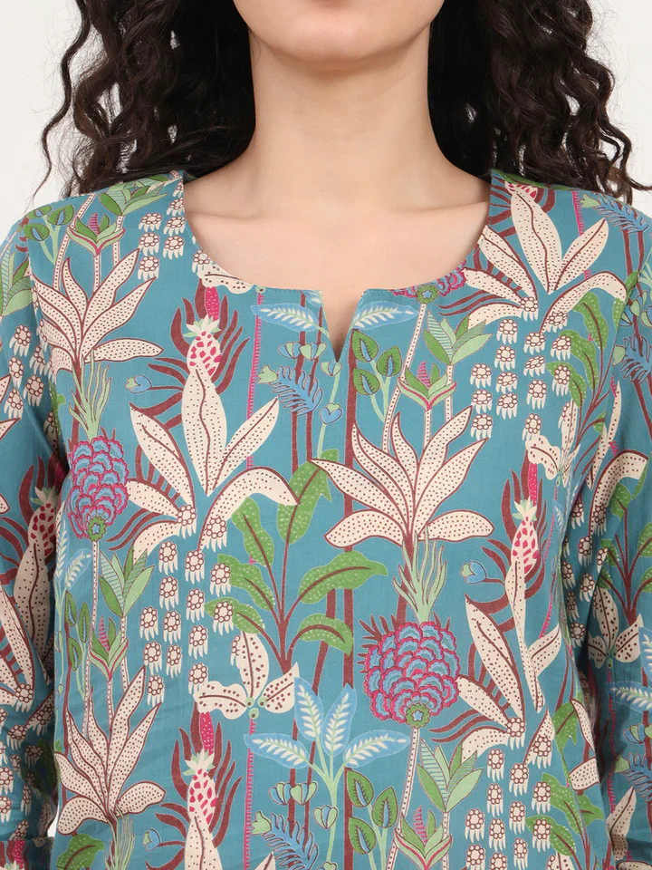 Teal Blue Round Neck Cotton Night Suits - Image 5
