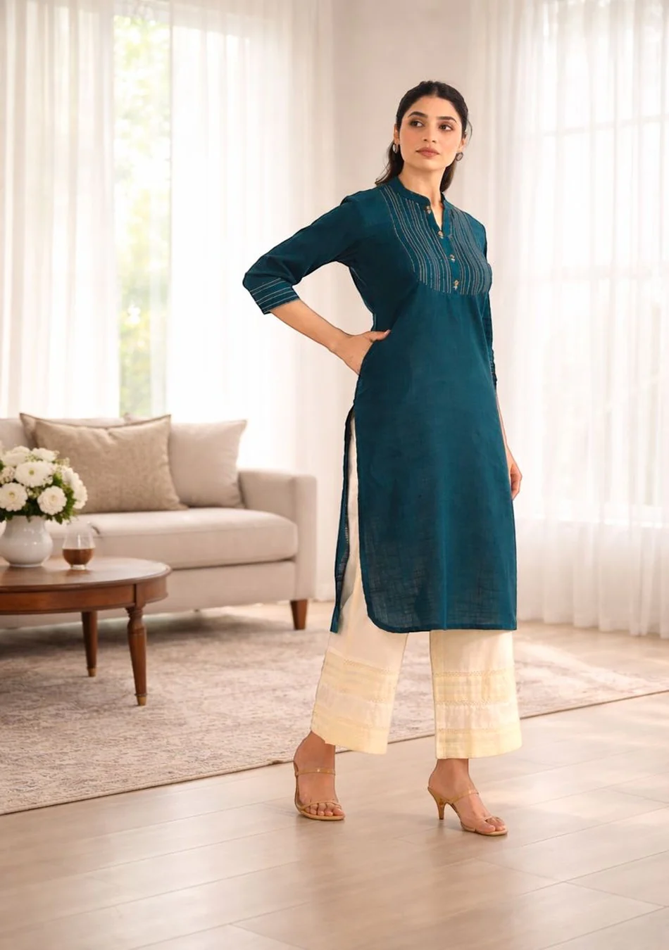 Teal Essence Straight Kurta - Image 2