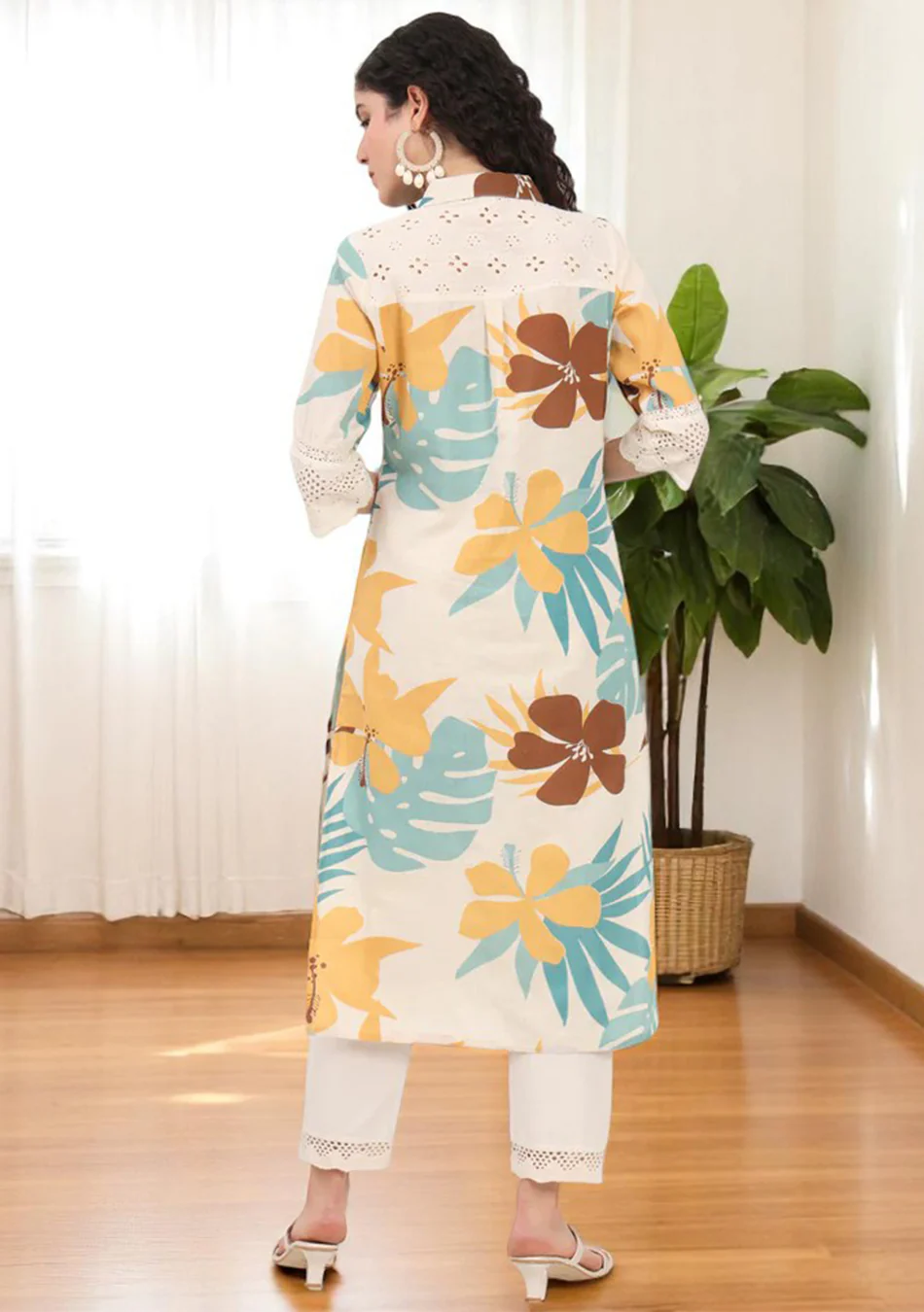 Aravalii Mustard Teal Tropic Schiffli Kurta - Image 2