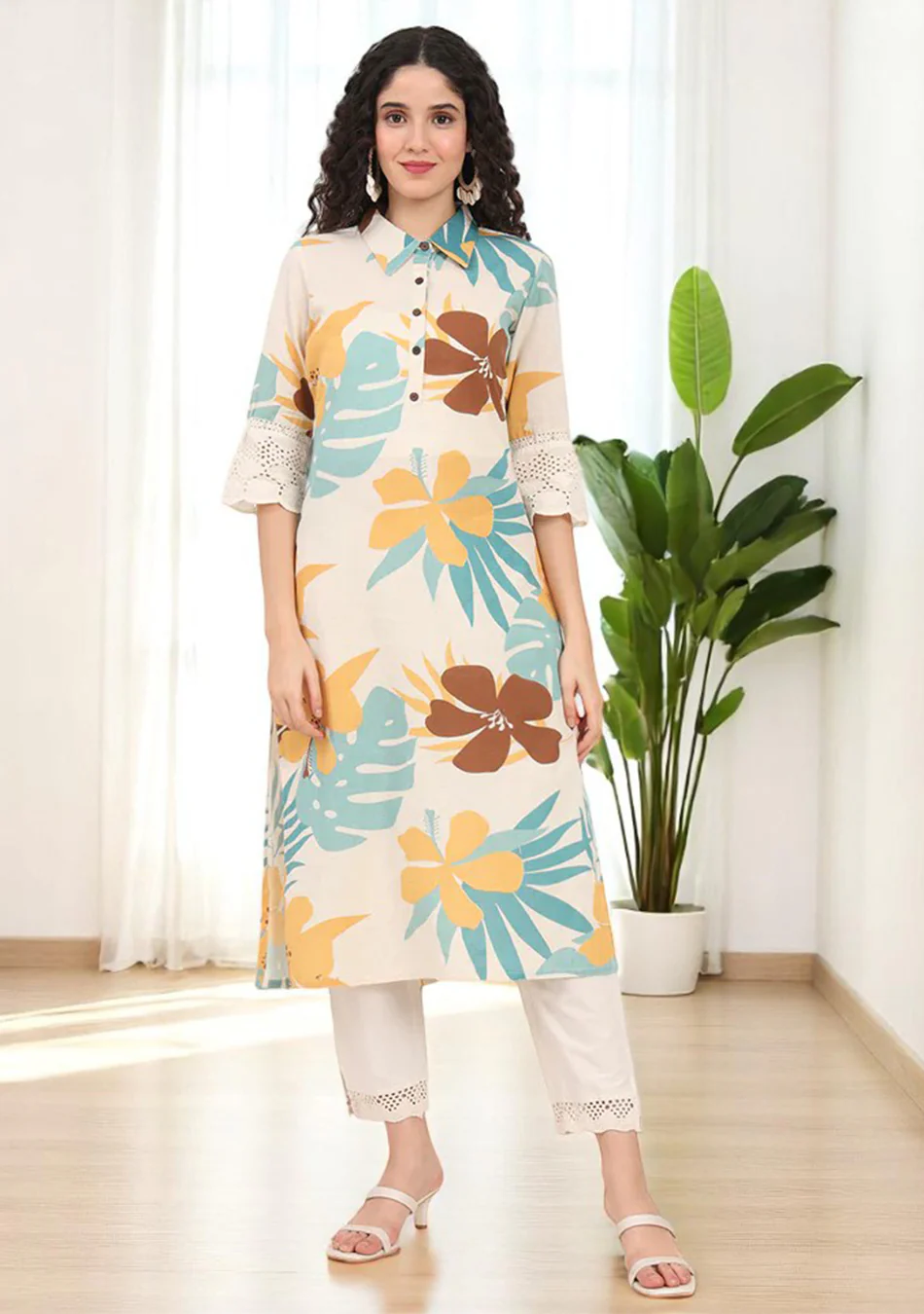 Aravalii Mustard Teal Tropic Schiffli Kurta - Image 3
