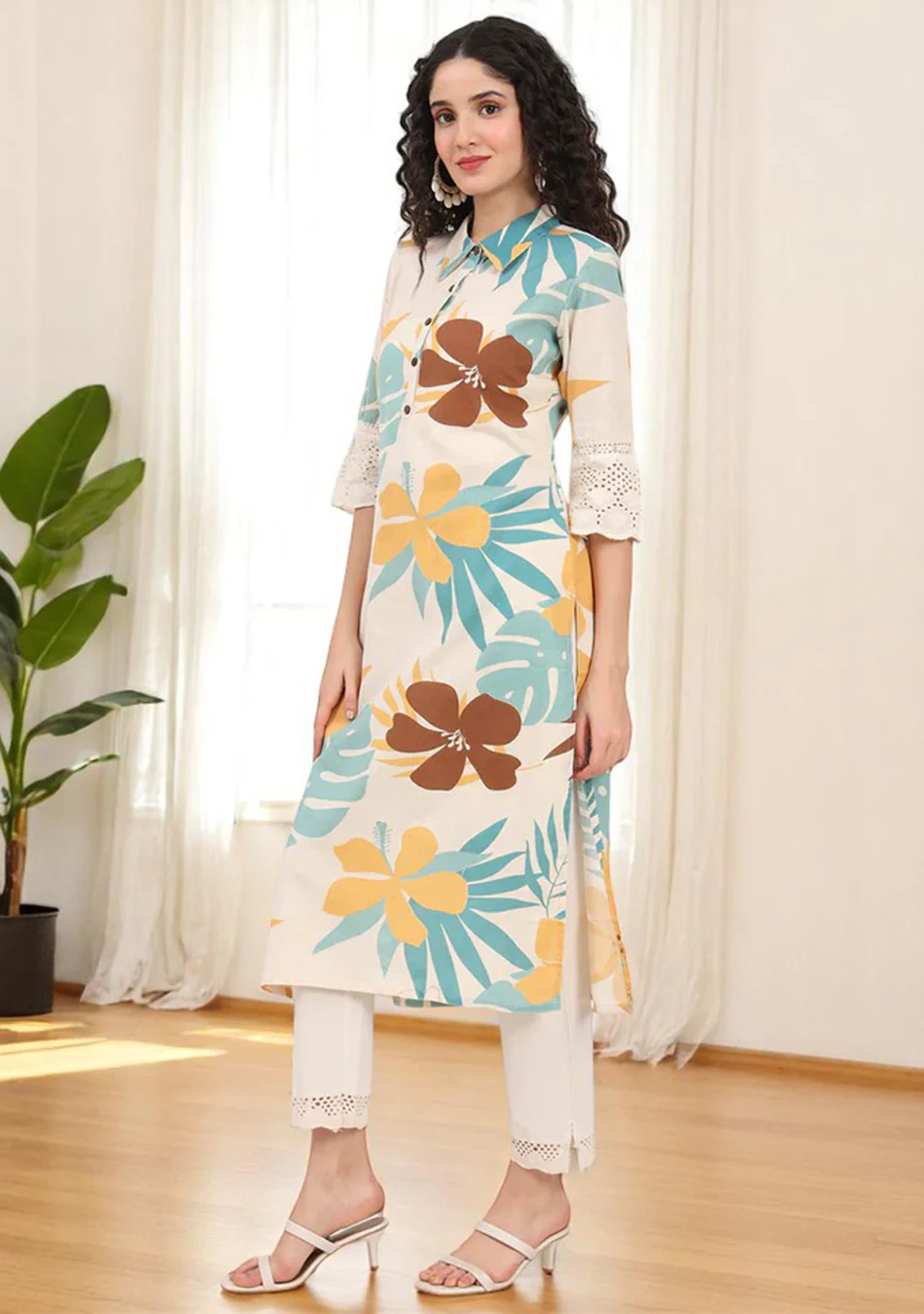 Aravalii Mustard Teal Tropic Schiffli Kurta - Image 6