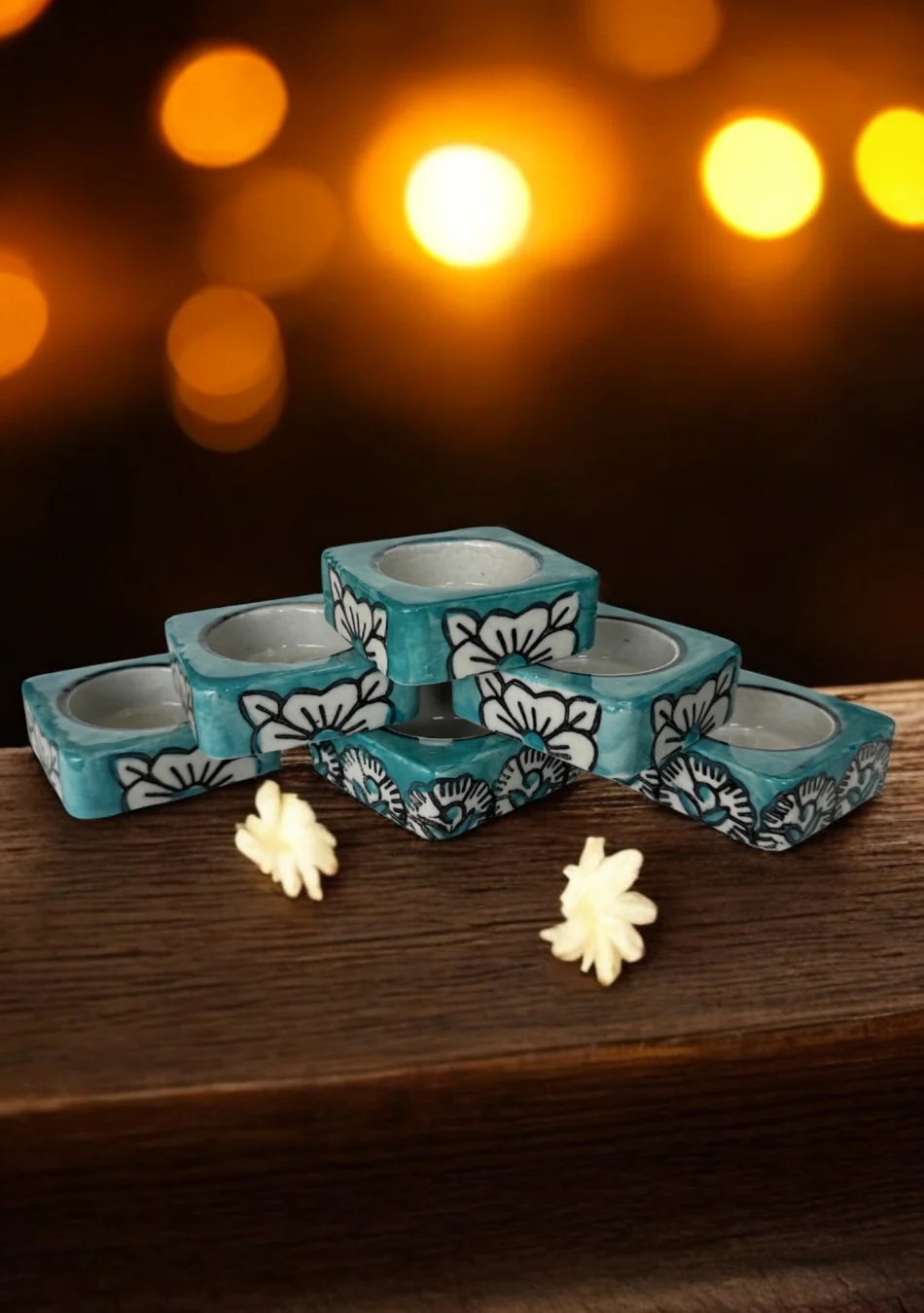 Teal handcrafted floral tealight Diya - Image 2