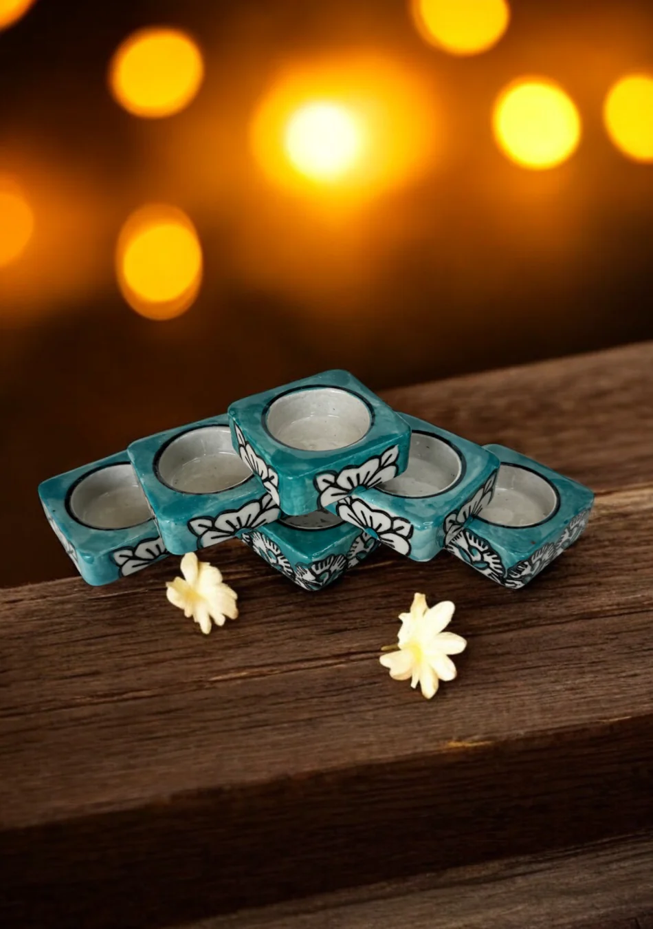 Teal handcrafted floral tealight Diya - Image 4