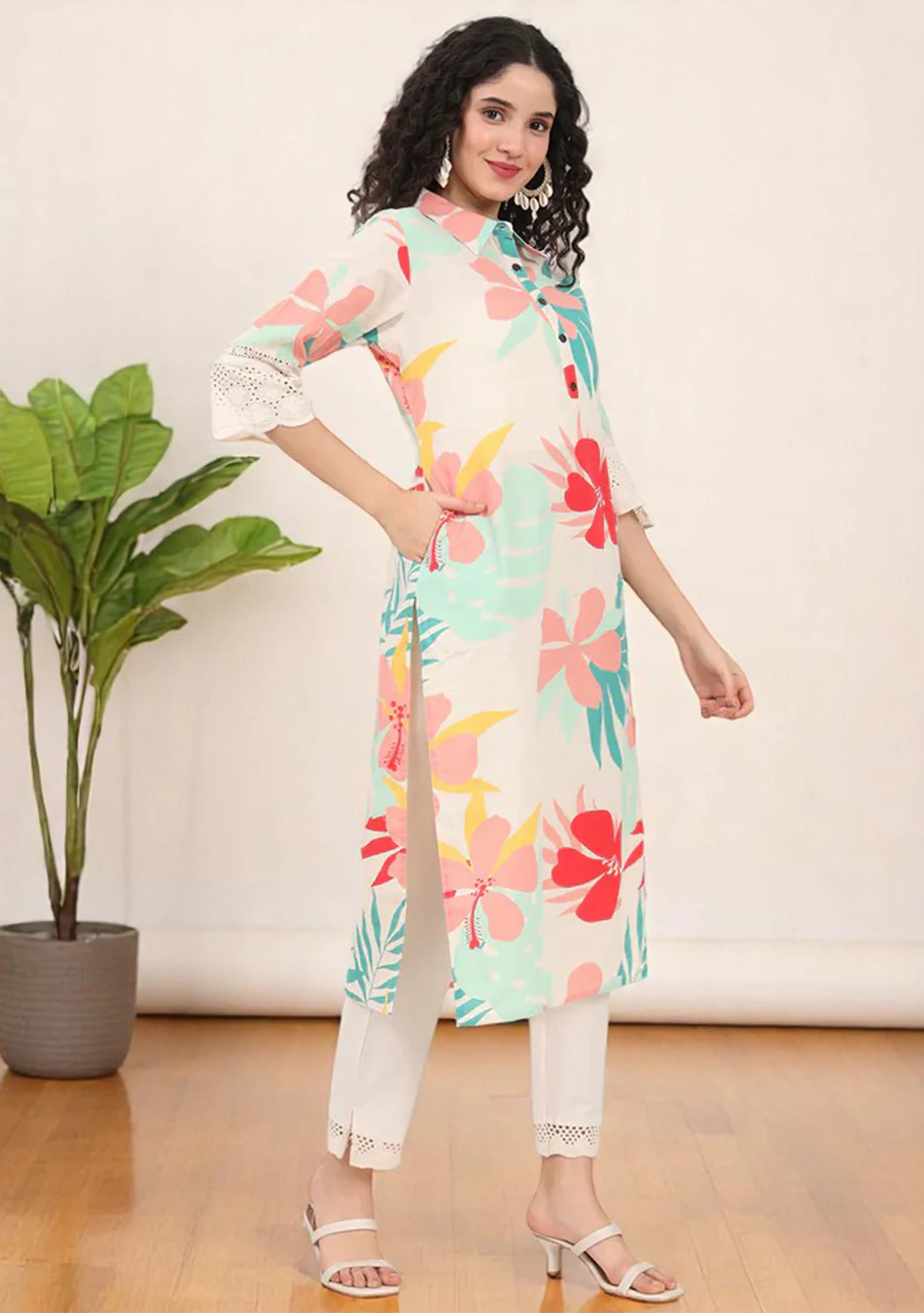 Aravalii Blush & Teal Tropic Schiffli Kurta - Image 2