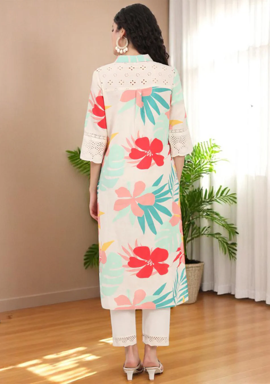 Aravalii Blush & Teal Tropic Schiffli Kurta - Image 3