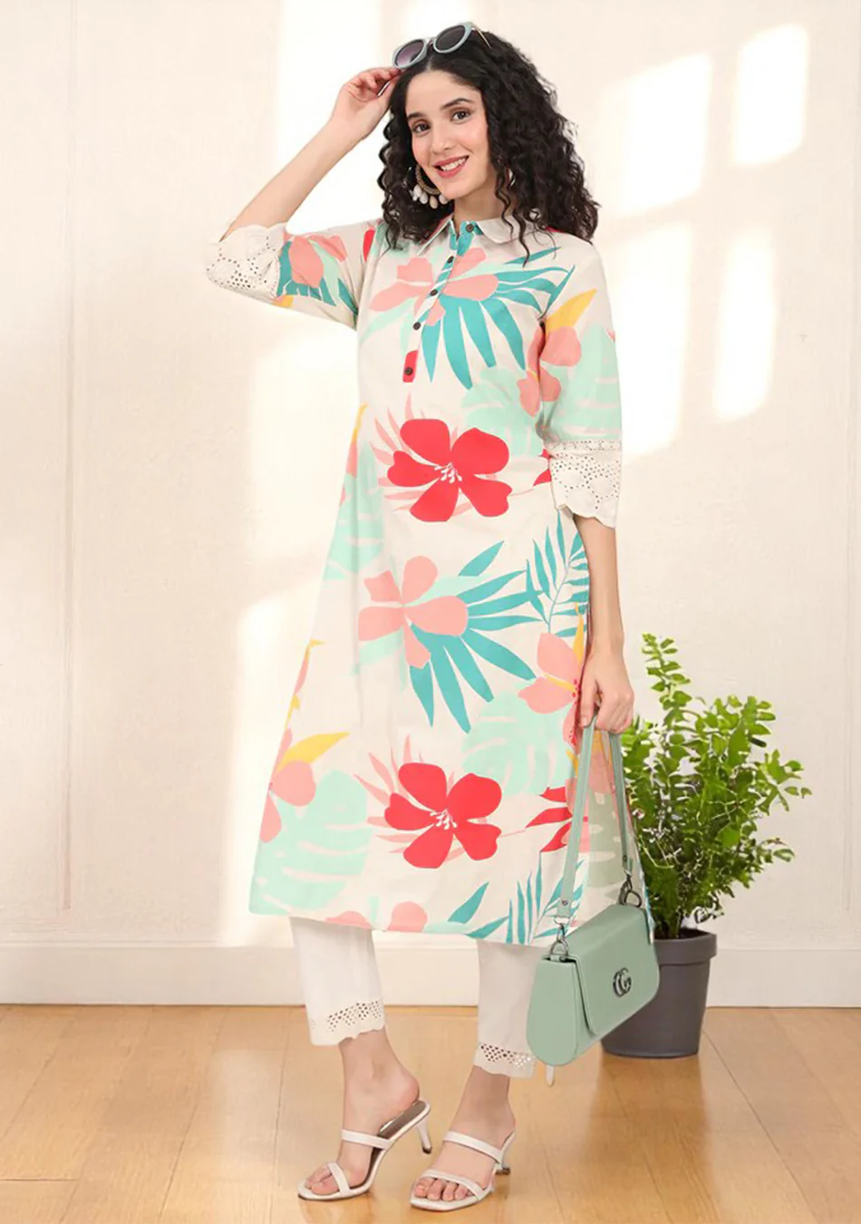 Aravalii Blush & Teal Tropic Schiffli Kurta - Image 4