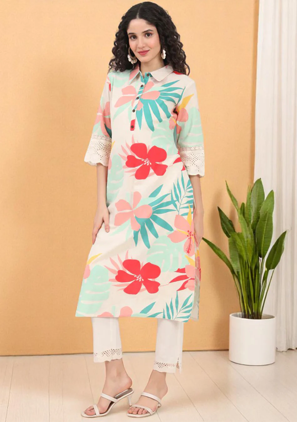 Aravalii Blush & Teal Tropic Schiffli Kurta - Image 6