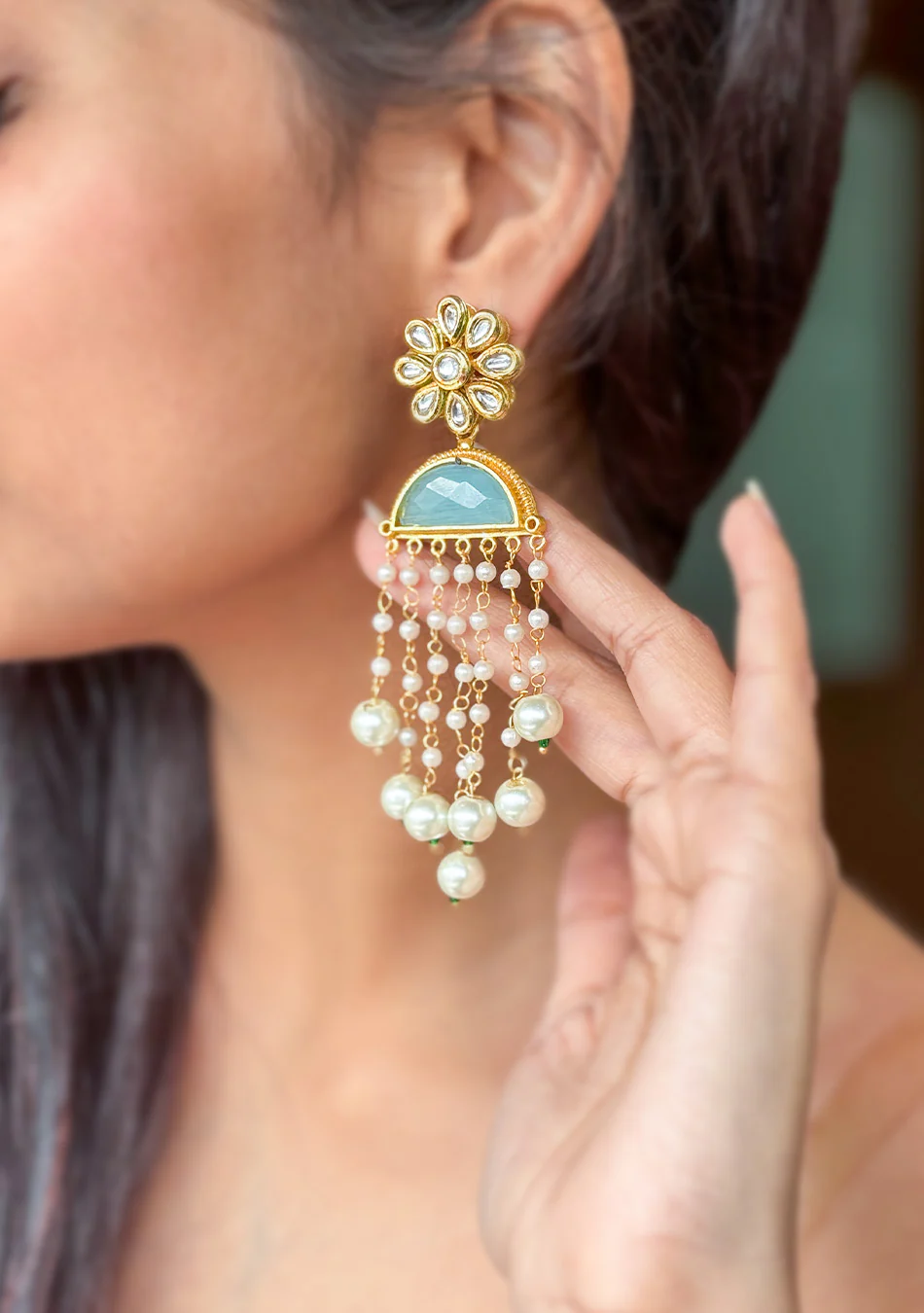 Turquoise Pearl Drops Earrings - Image 3