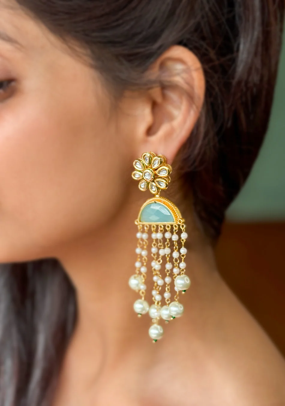 Turquoise Pearl Drops Earrings - Image 4