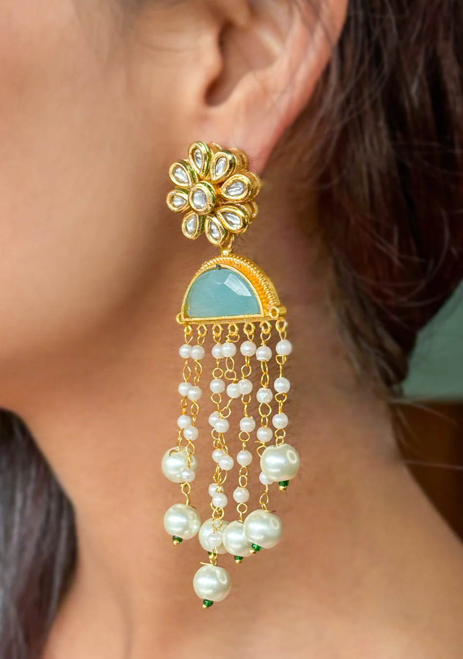 Turquoise Pearl Drops Earrings - Image 5