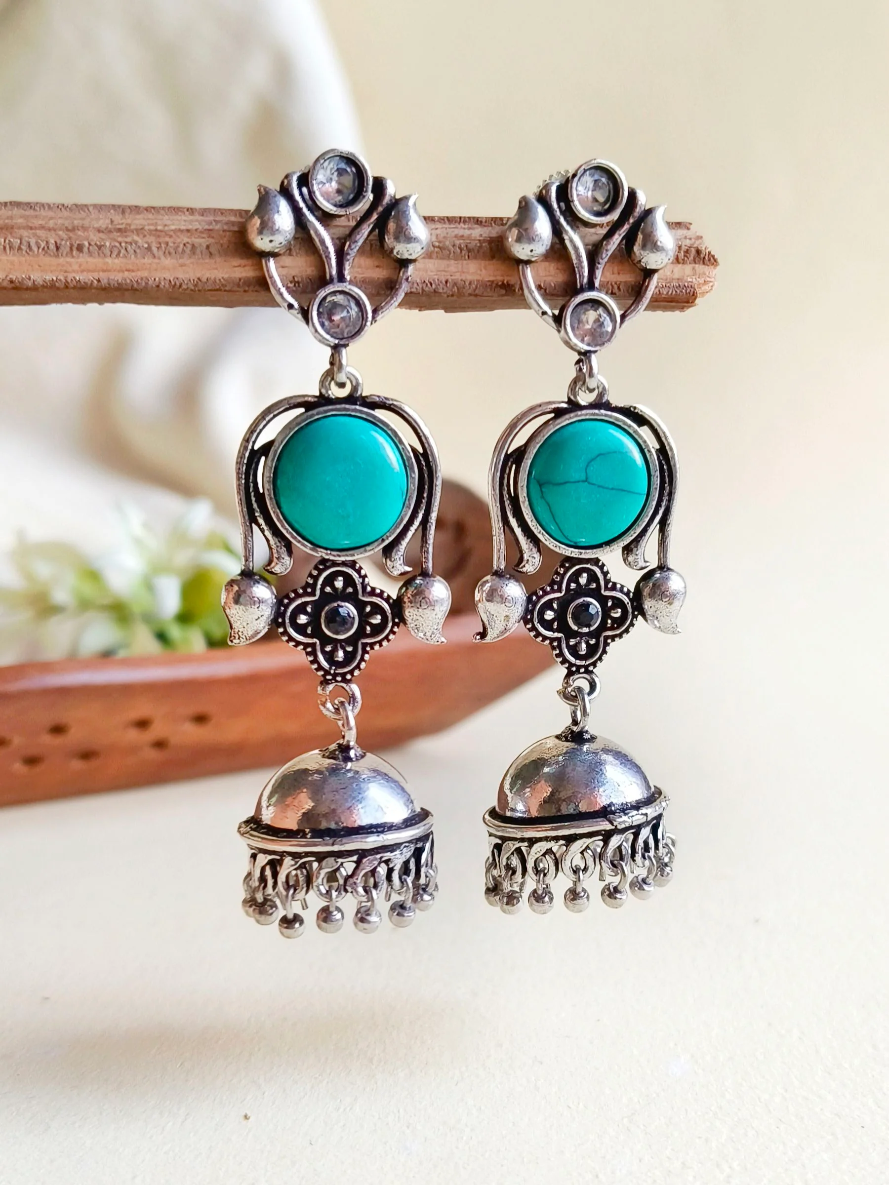 Turquoise Temple Jhumka Earrings - Image 2