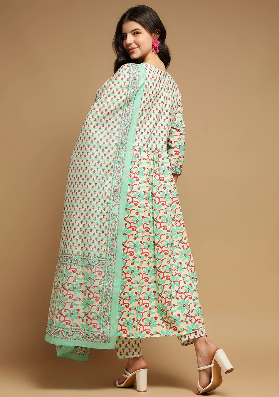 White And Seagreen Floral Anarkali Kurta Pant Set With Dupatta - Image 10