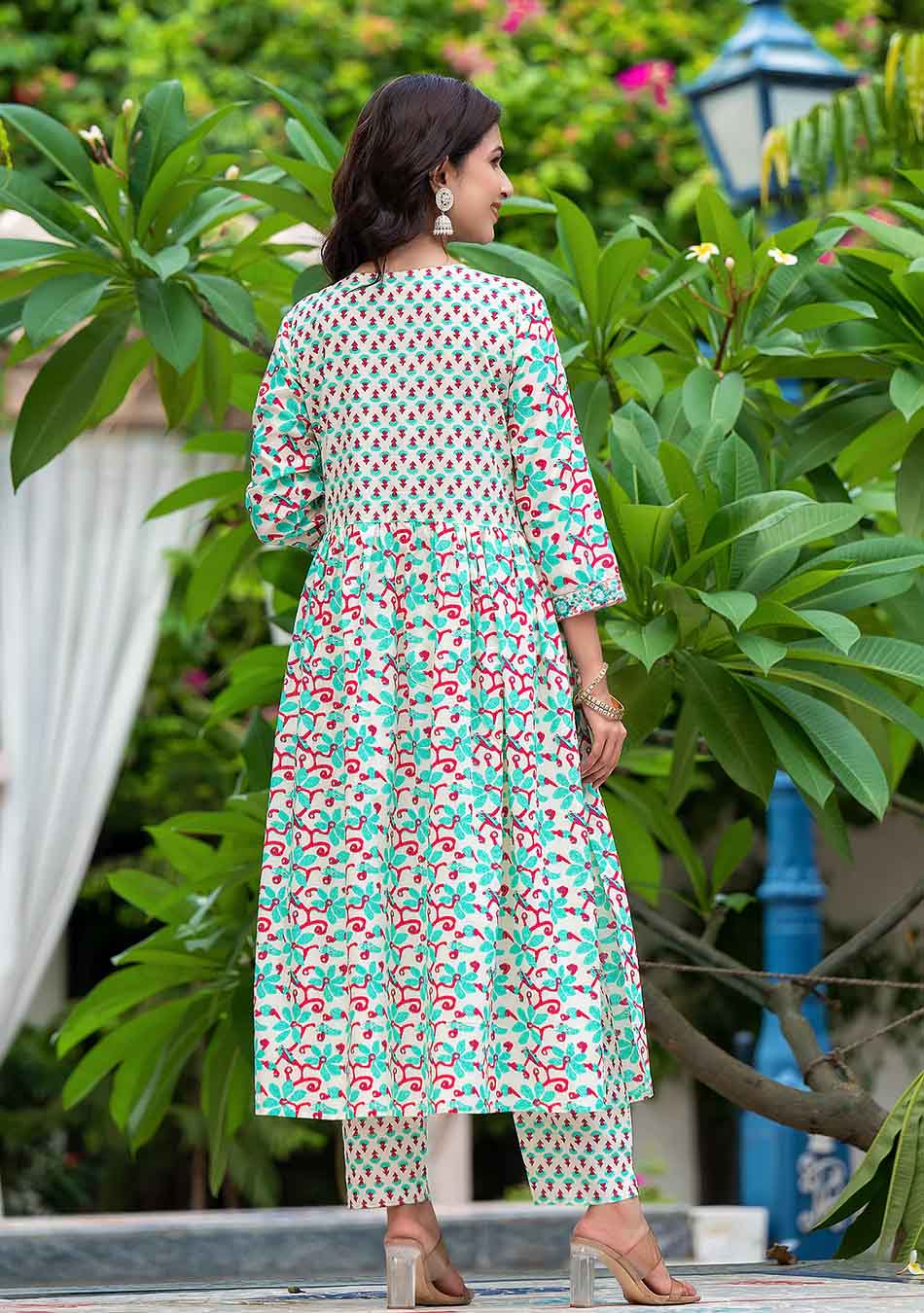 White And Seagreen Floral Anarkali Kurta Pant Set With Dupatta - Image 3