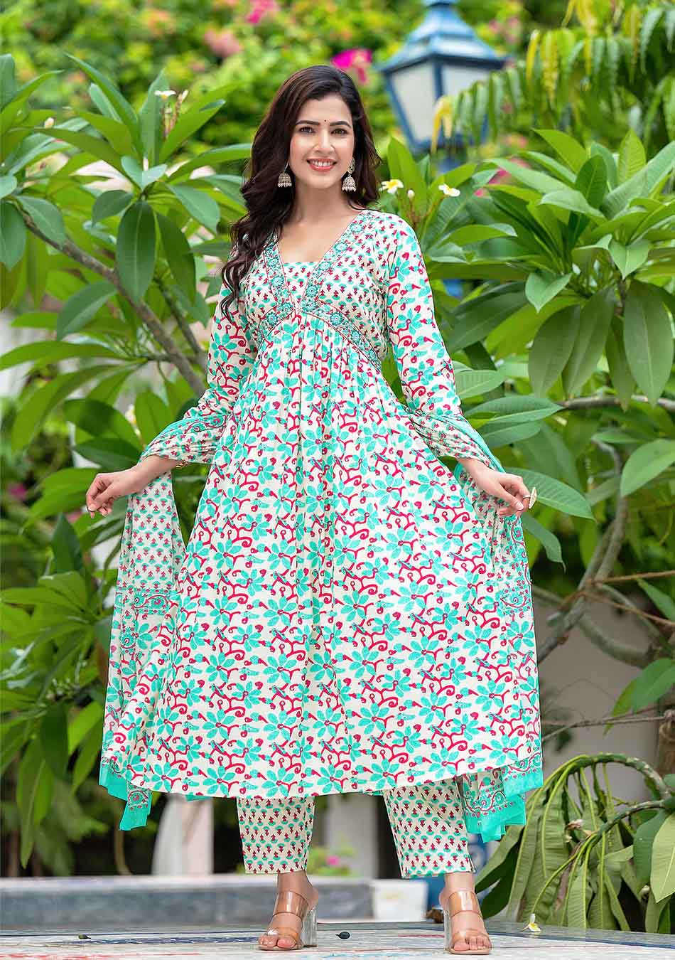 White And Seagreen Floral Anarkali Kurta Pant Set With Dupatta - Image 4