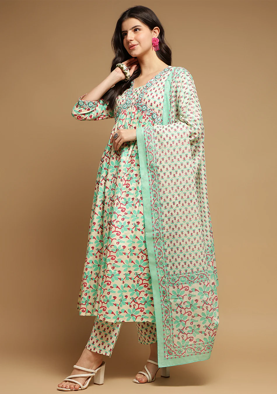 White And Seagreen Floral Anarkali Kurta Pant Set With Dupatta - Image 5