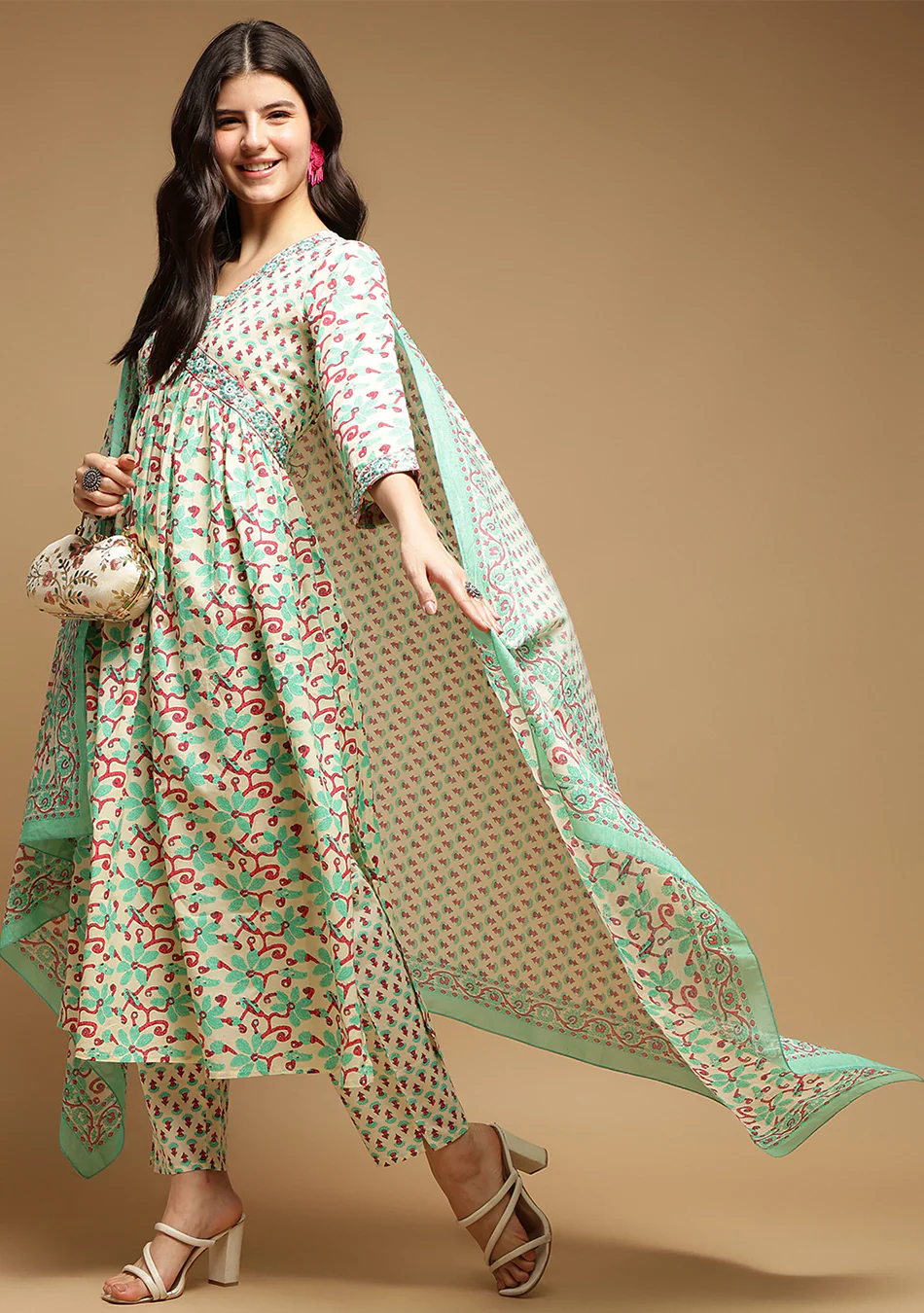 White And Seagreen Floral Anarkali Kurta Pant Set With Dupatta - Image 6