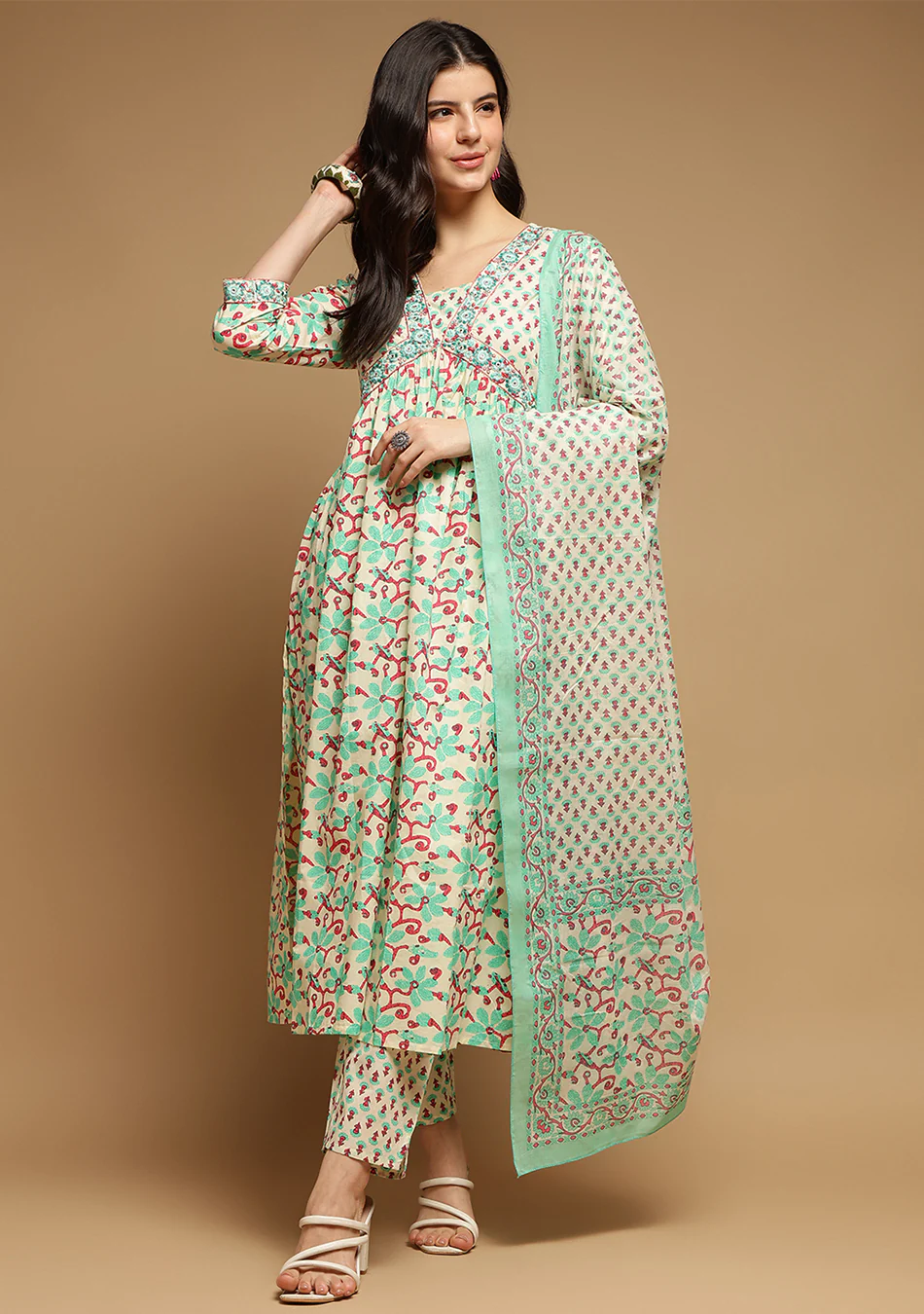White And Seagreen Floral Anarkali Kurta Pant Set With Dupatta - Image 7