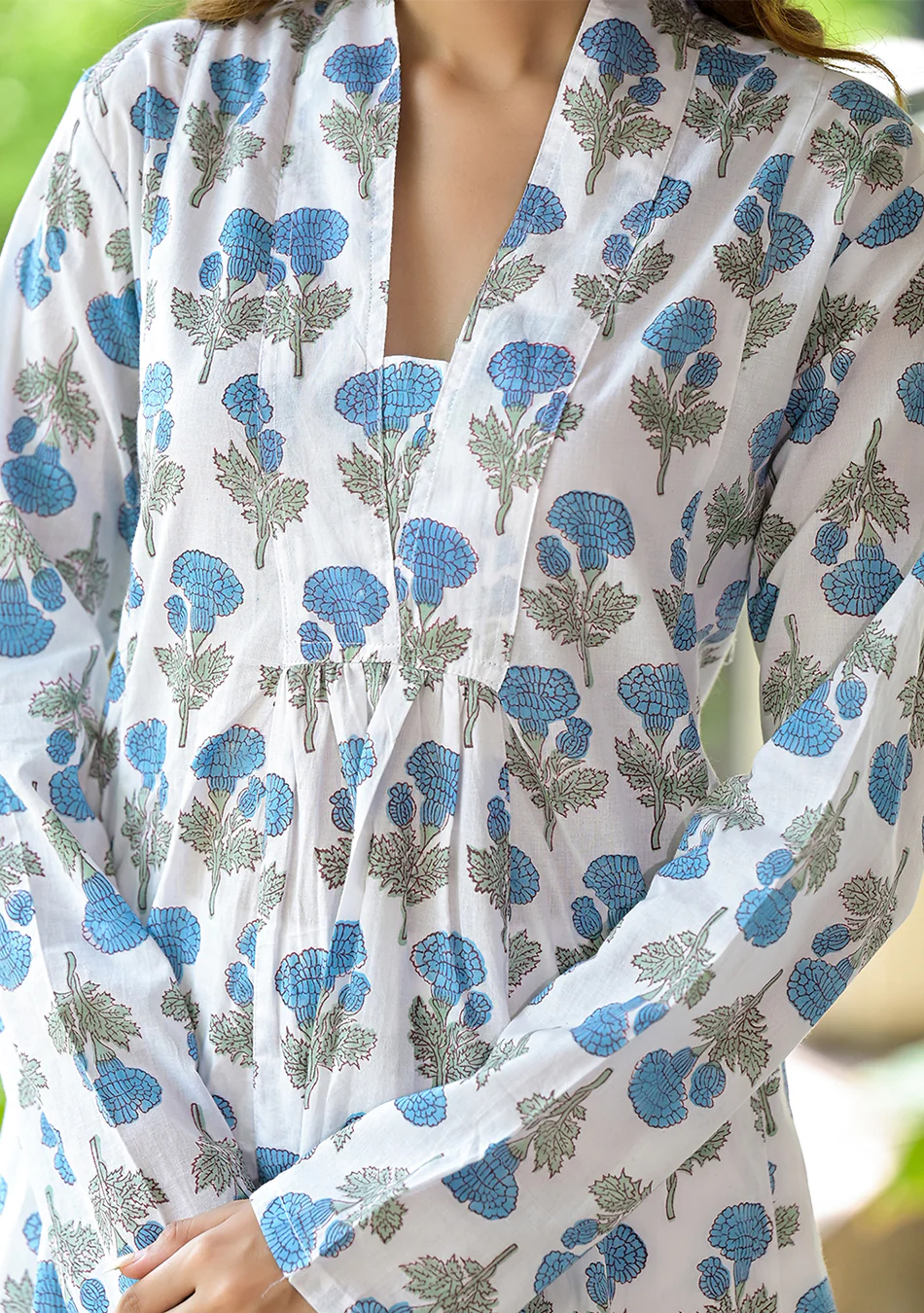 White & Blue Floral HandBlock Cotton Anarkali Cotton Kurta Set - Image 6
