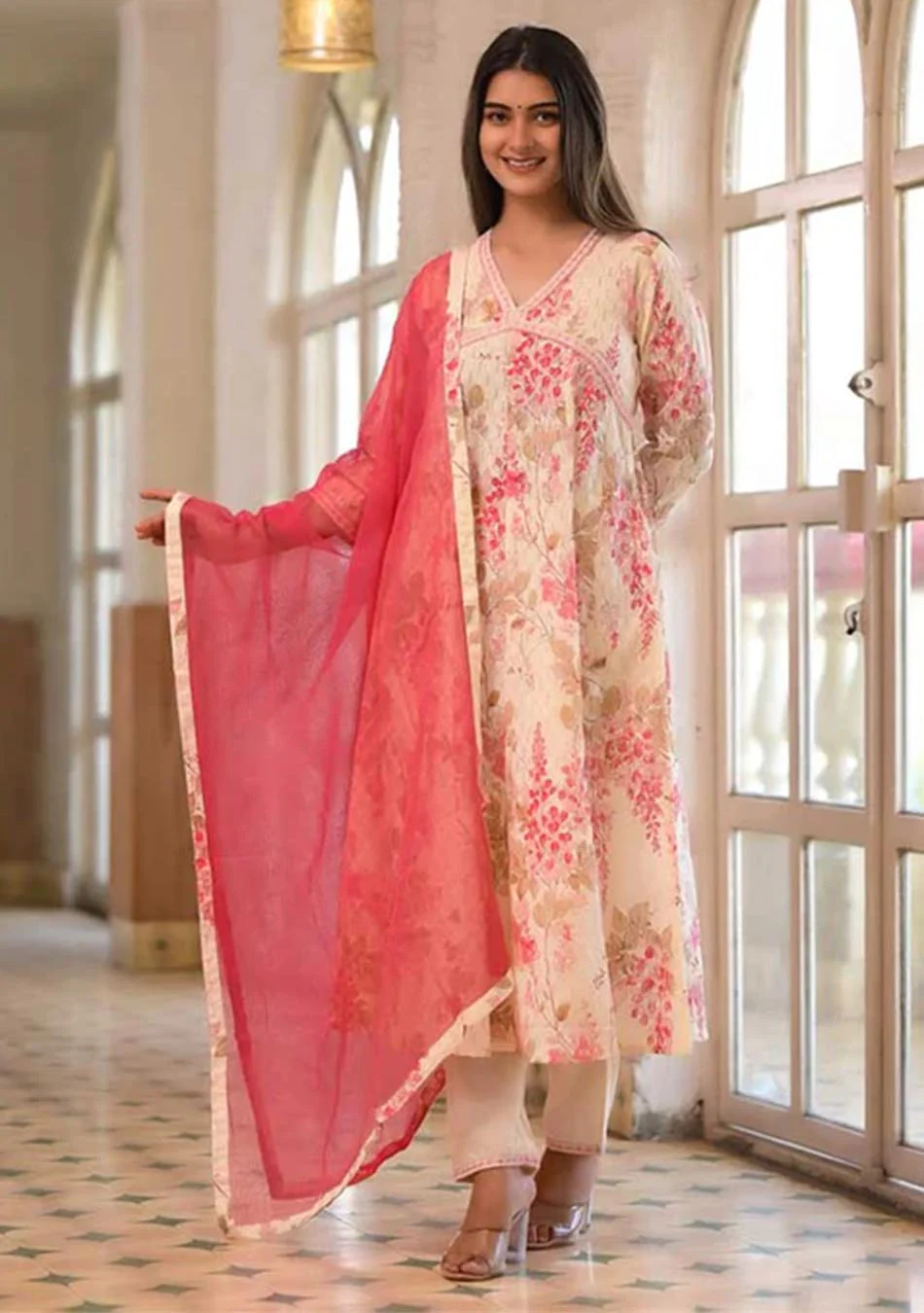White & deep pink Cotton Print Set with Dupatta