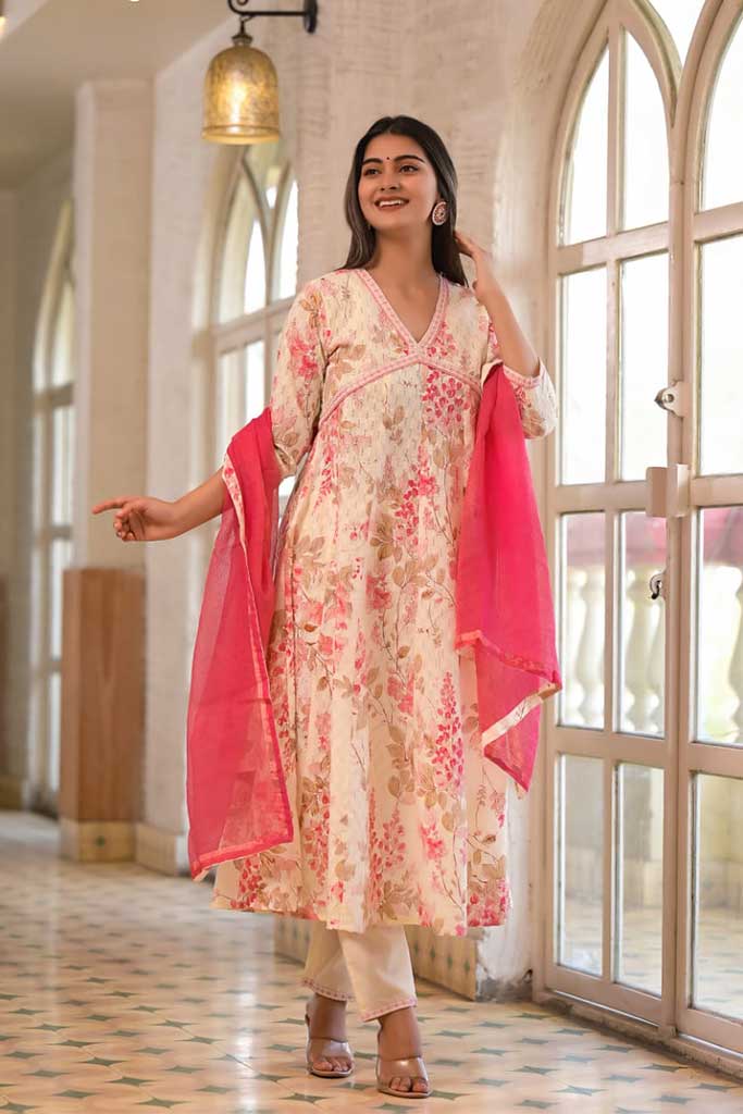 White & deep pink Cotton Print Set with Dupatta - Image 2