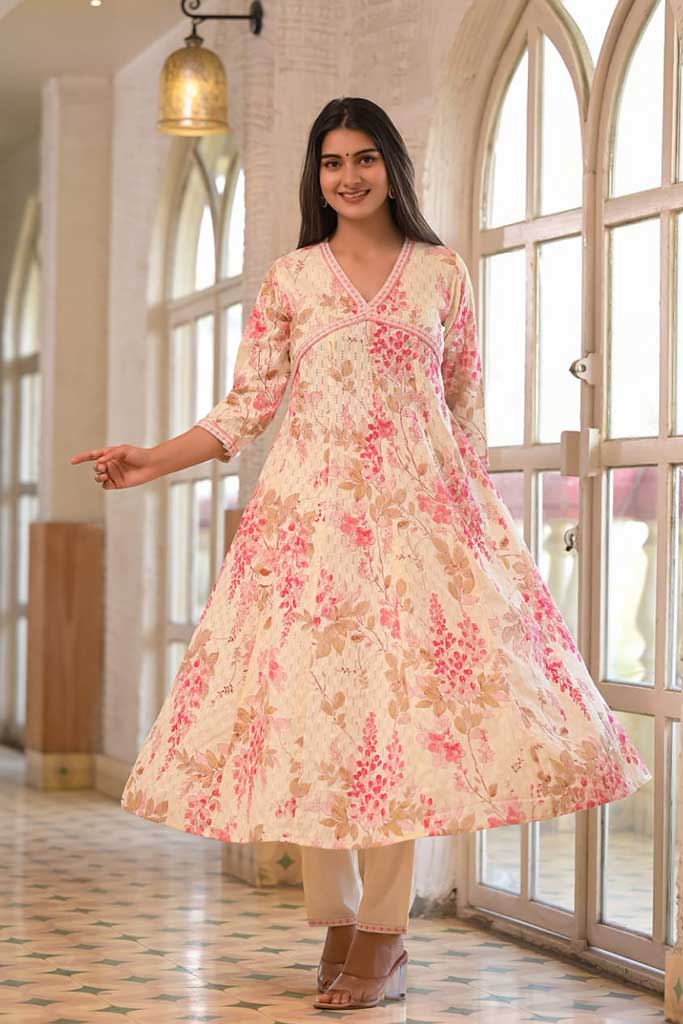 White & deep pink Cotton Print Set with Dupatta - Image 3