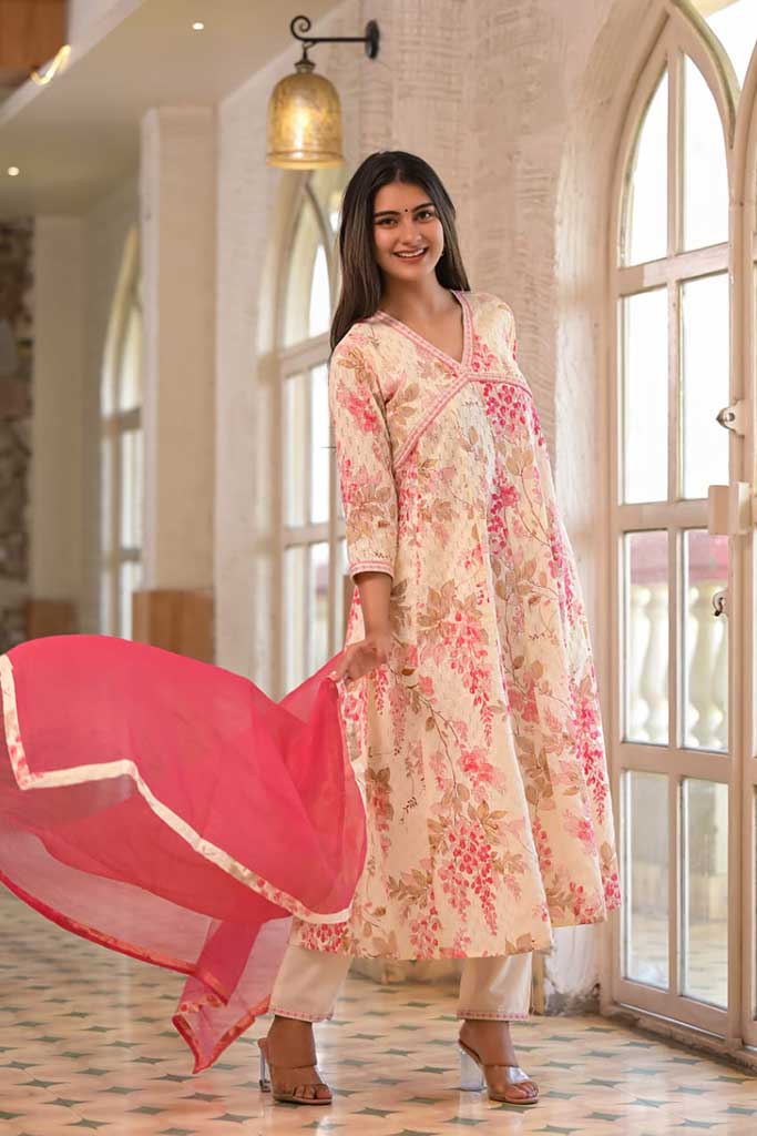 White & deep pink Cotton Print Set with Dupatta - Image 4