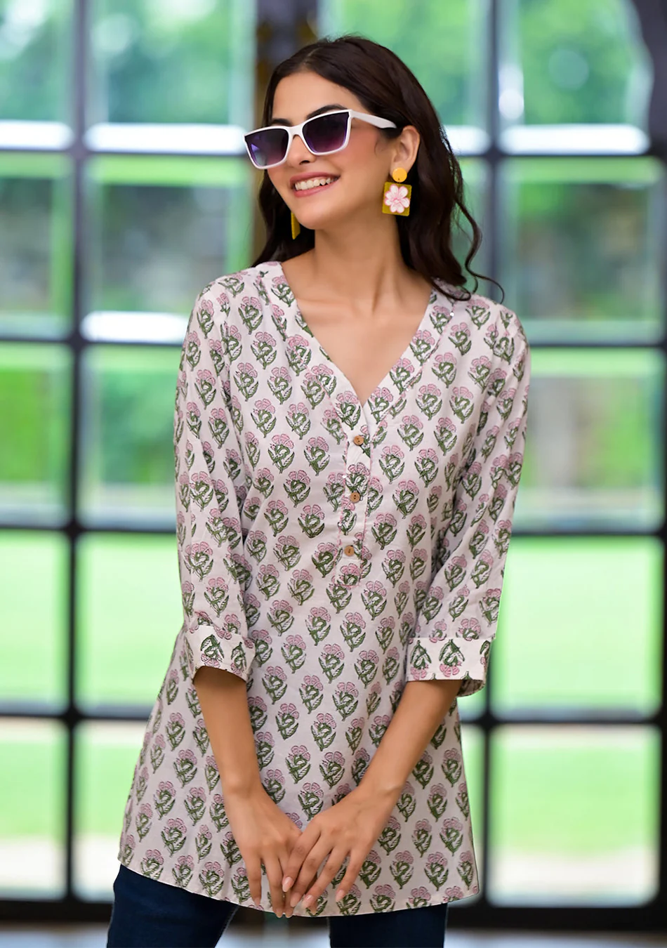 White Floral Print Pure Cotton A-line Top - Image 2