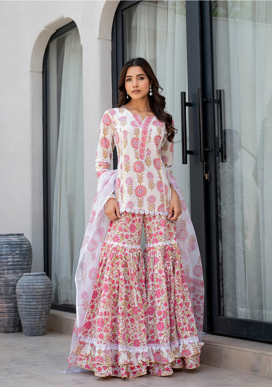 White Floral Print Pure Cotton Kurta Sharara Set for Women - Image 2