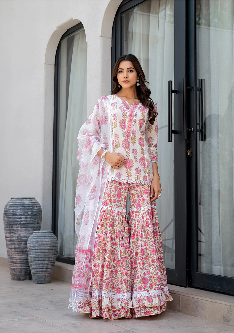 White Floral Print Pure Cotton Kurta Sharara Set for Women - Image 3