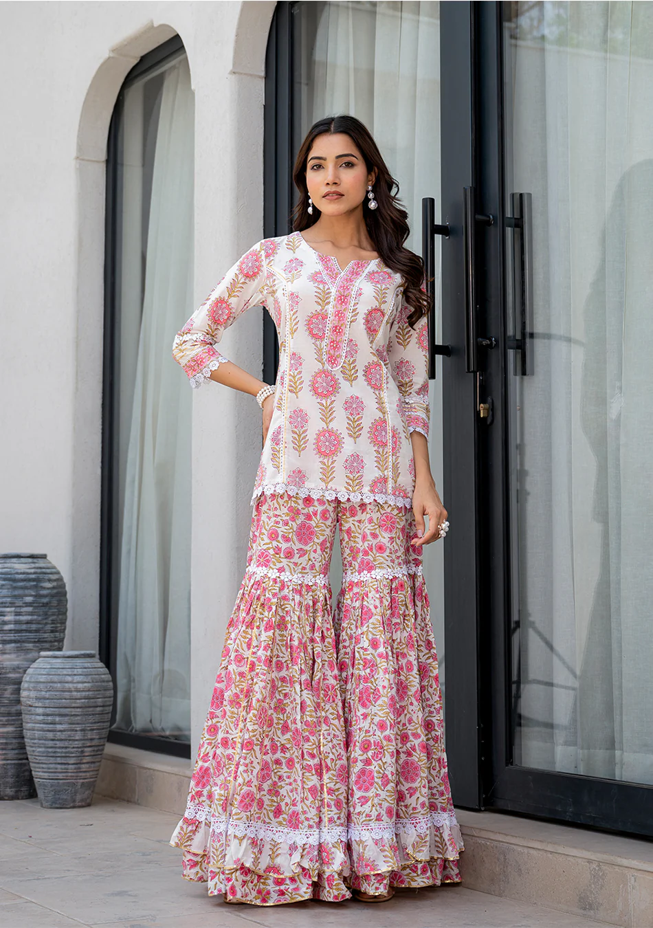 White Floral Print Pure Cotton Kurta Sharara Set for Women - Image 4