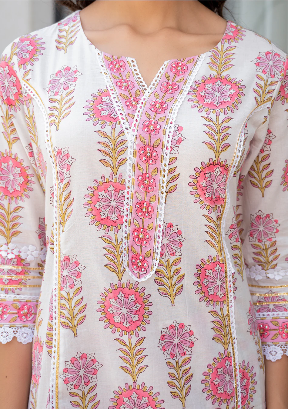 White Floral Print Pure Cotton Kurta Sharara Set for Women - Image 6