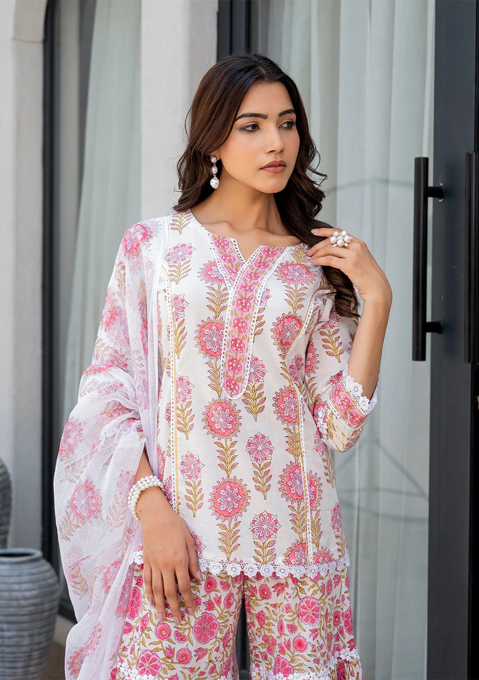 White Floral Print Pure Cotton Kurta Sharara Set for Women - Image 7