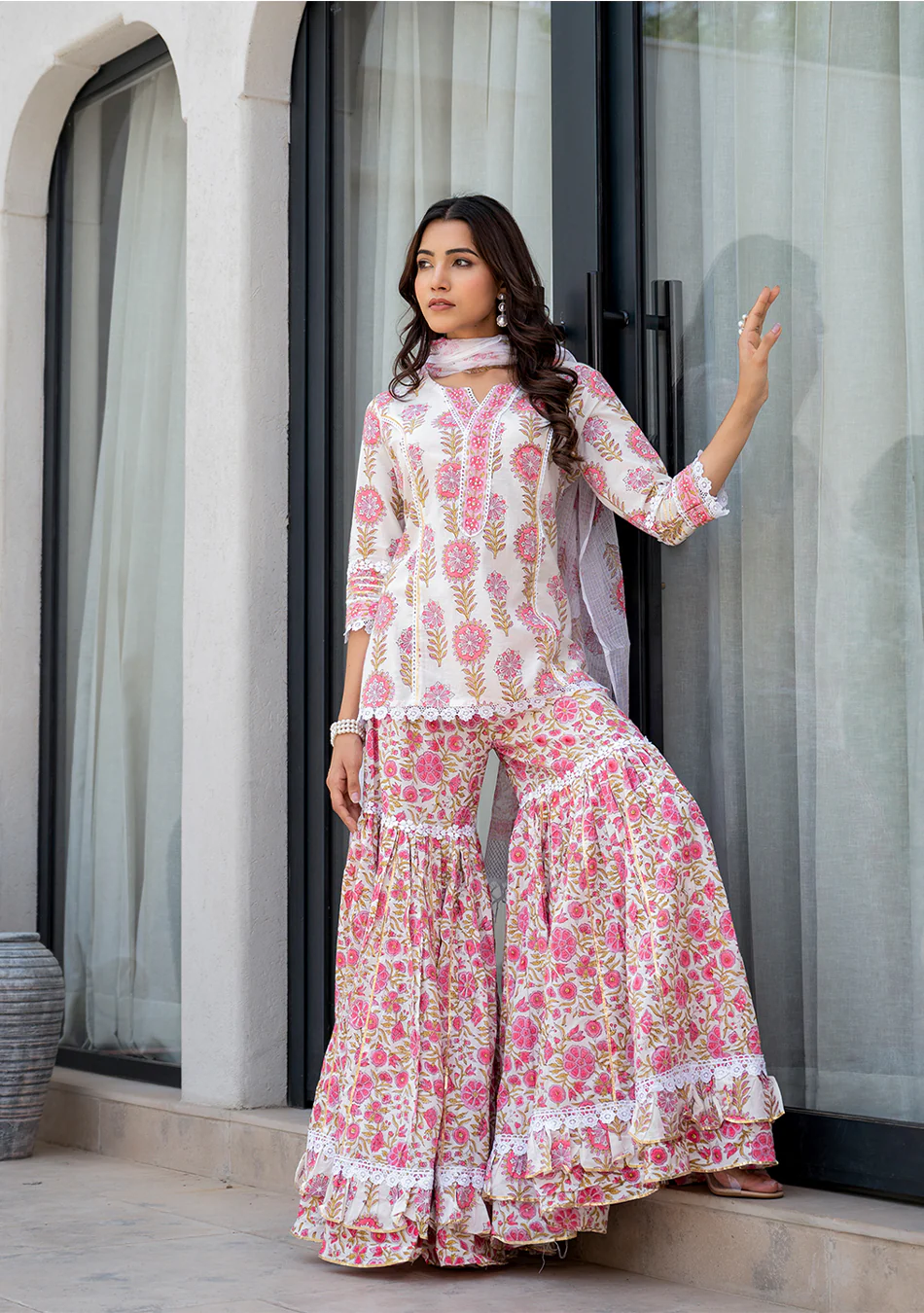 White Floral Print Pure Cotton Kurta Sharara Set for Women - Image 8
