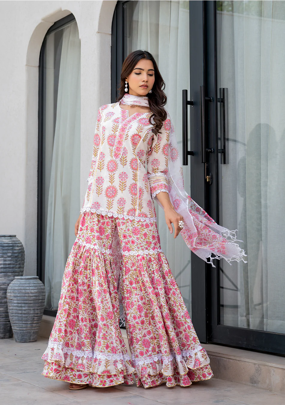 White Floral Print Pure Cotton Kurta Sharara Set for Women - Image 9