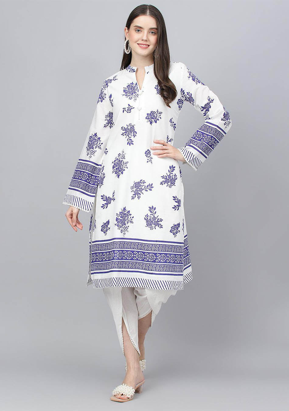 White Floral Printed Straight Kurta With Tulip Pant - Image 9
