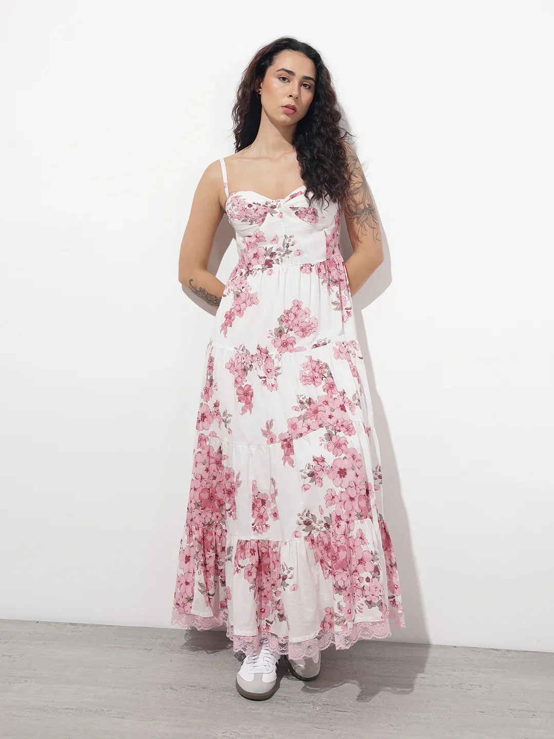 White Floral Shoulder strap Cotton Dress - Image 3