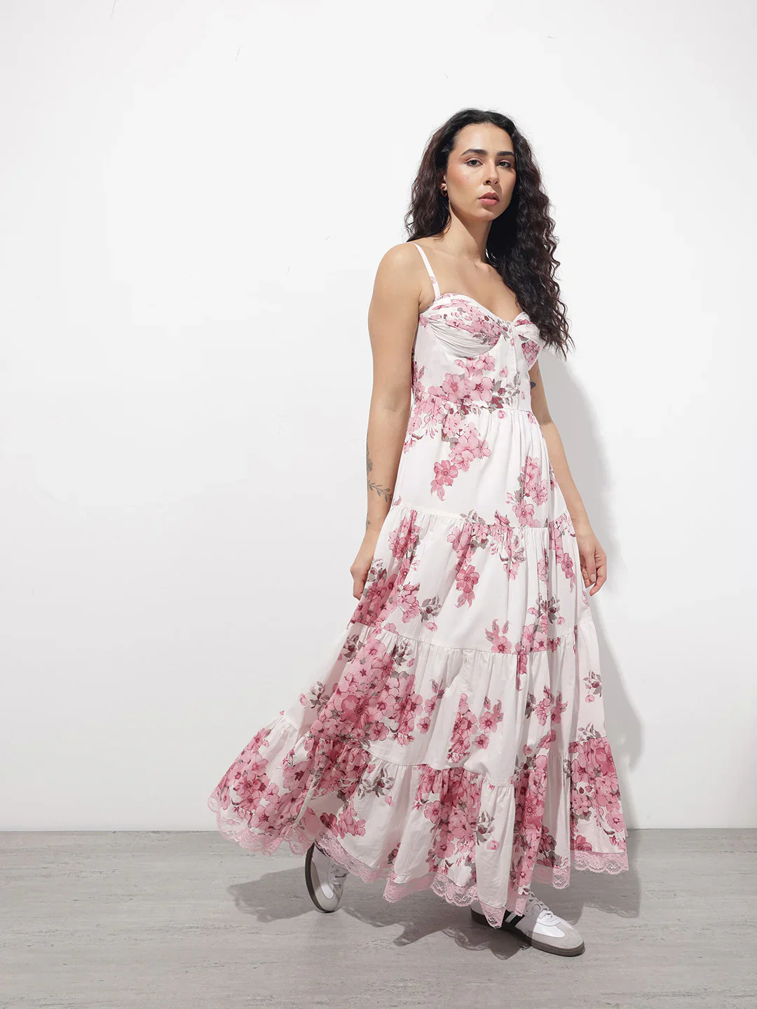 White Floral Shoulder strap Cotton Dress - Image 4