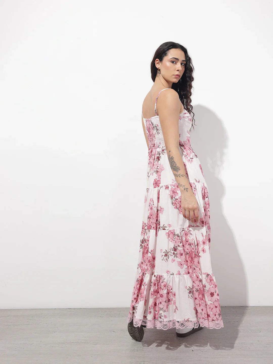 White Floral Shoulder strap Cotton Dress - Image 5
