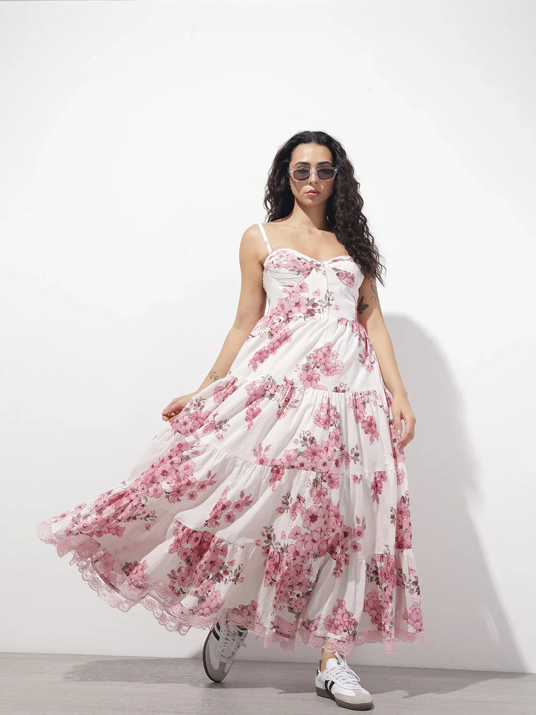 White Floral Shoulder strap Cotton Dress - Image 6