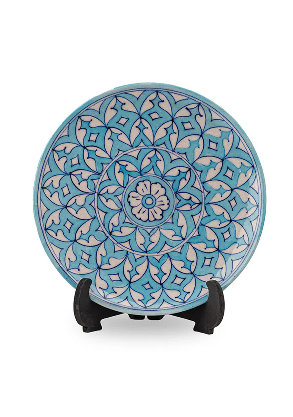 White Flowers Design Handmade Blue Pottery Decorative Platter - Image 3