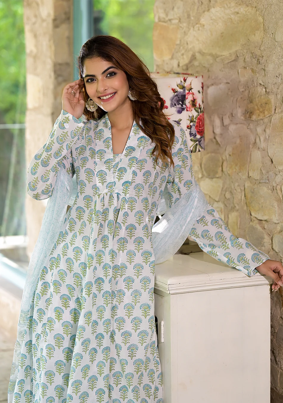 White & Green Floral Handblock Printed Cotton Anarkali Kurta Set - Image 3