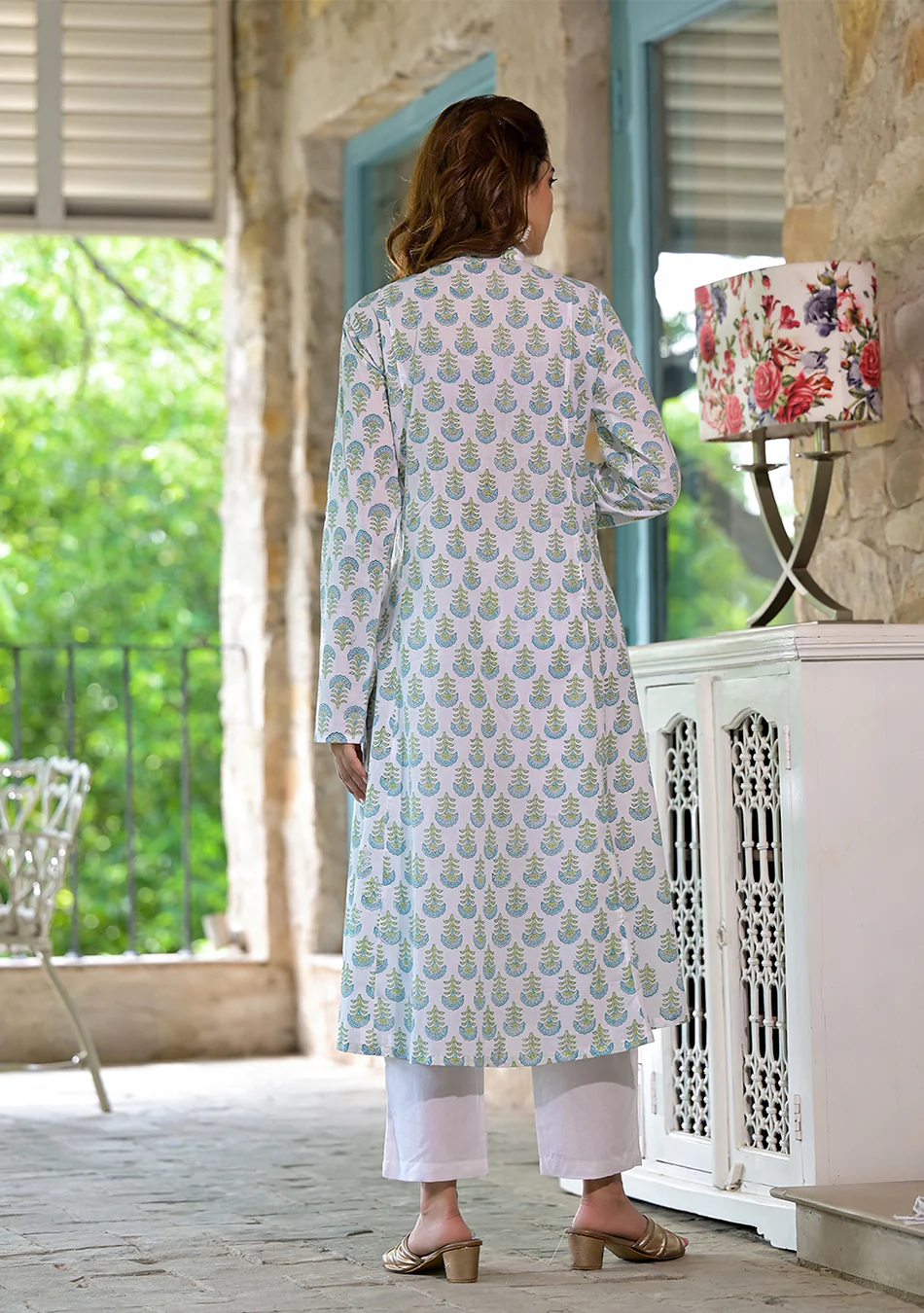 White & Green Floral Handblock Printed Cotton Anarkali Kurta Set - Image 5