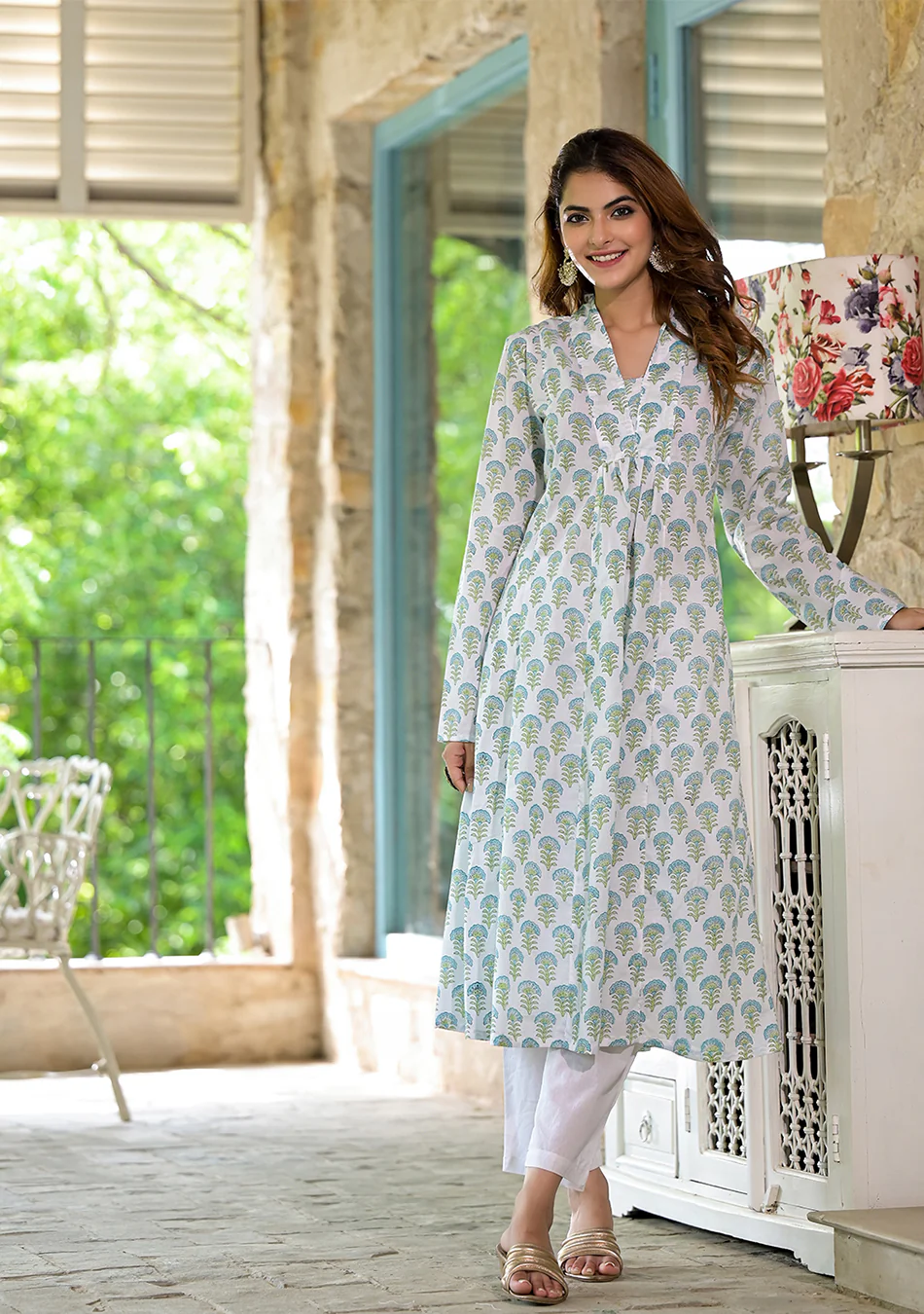 White & Green Floral Handblock Printed Cotton Anarkali Kurta Set - Image 6